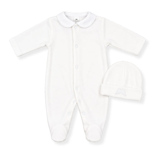 White baby sleepsuit with collar and matching hat on a white background