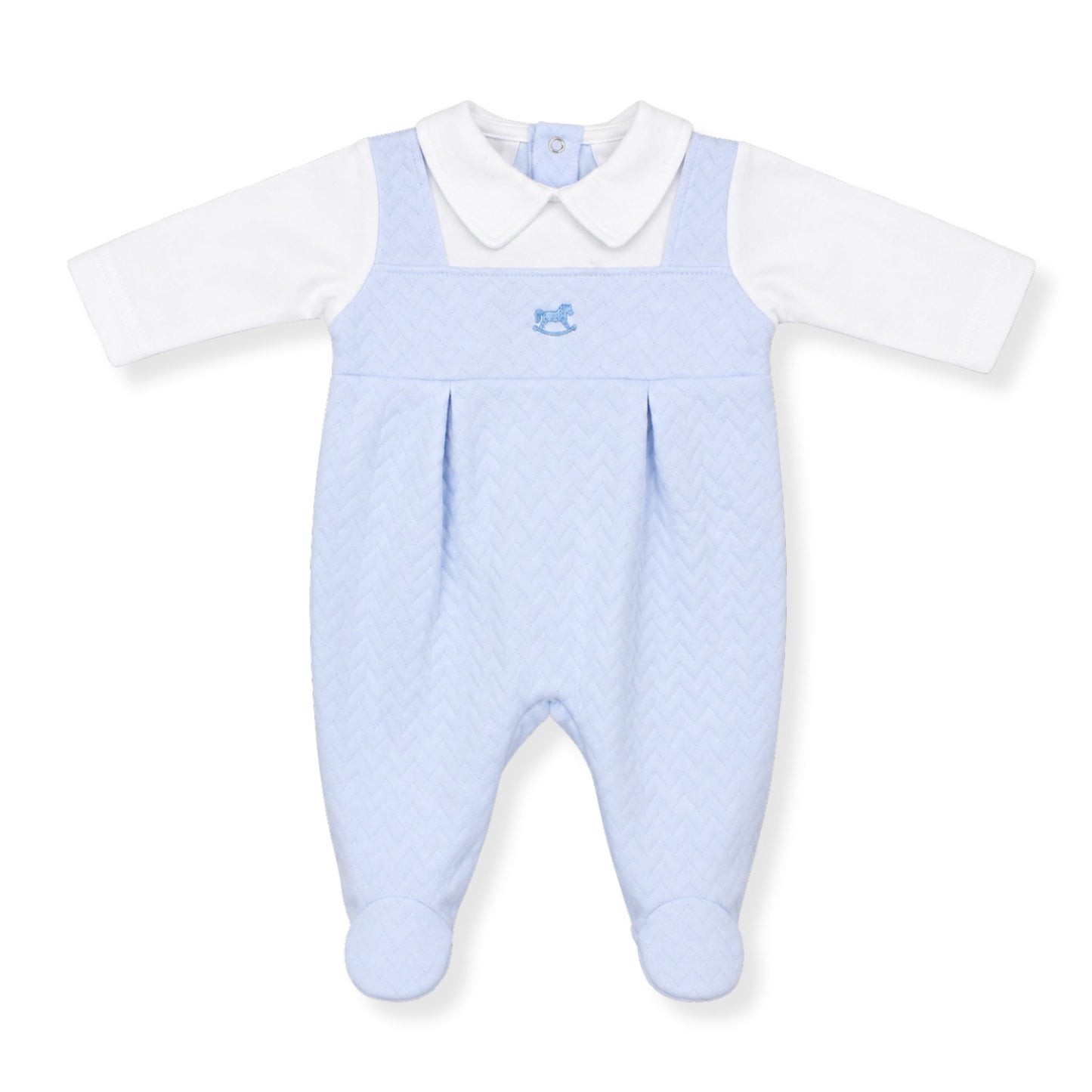 boys babygrow ith light blue quilted  on a white background