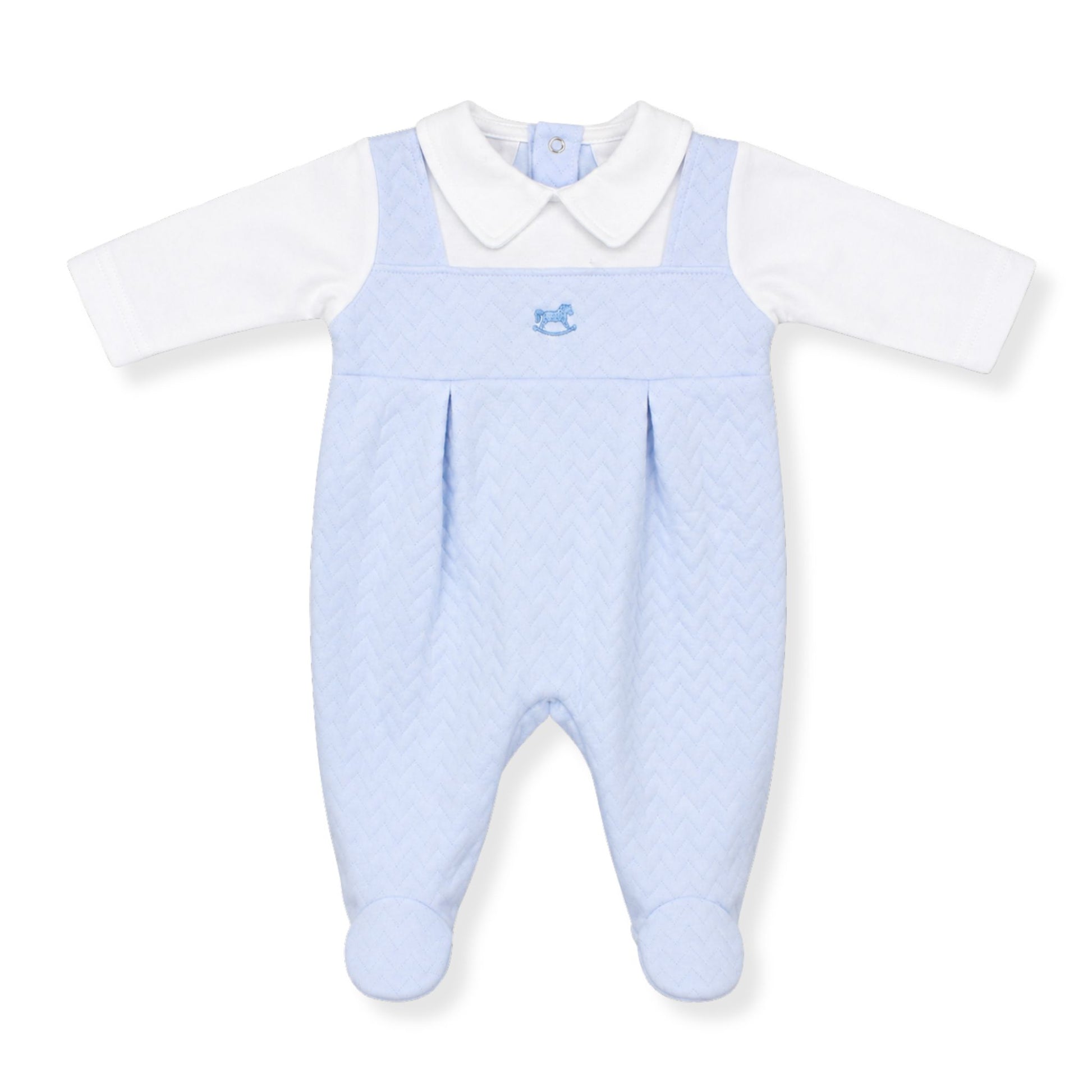 boys babygrow ith light blue quilted  on a white background