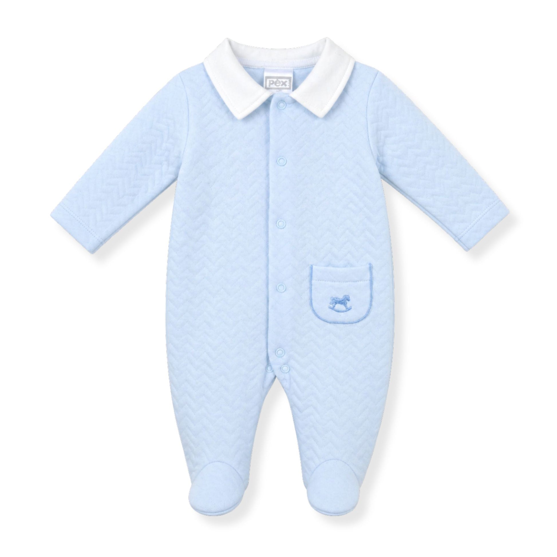 Light blue baby onesie with white collar on a white background