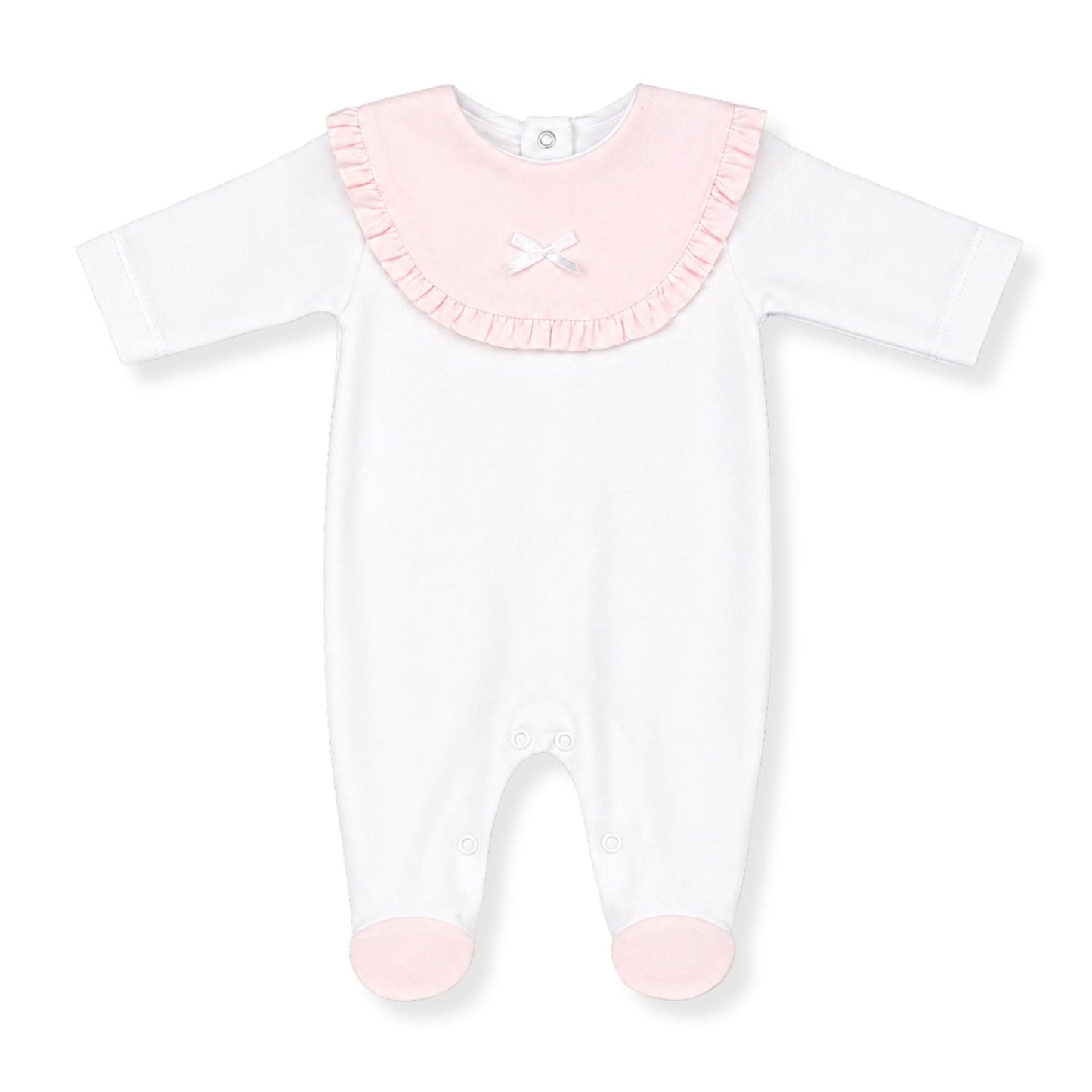 White baby onesie with pink ruffled collar on a white background