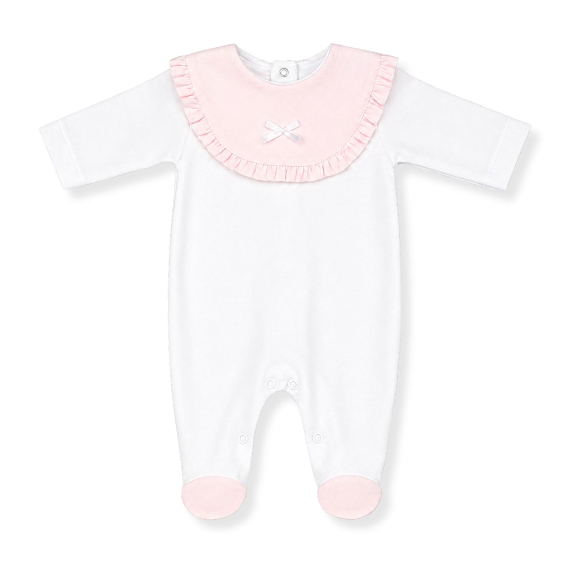 White baby onesie with pink ruffled collar on a white background