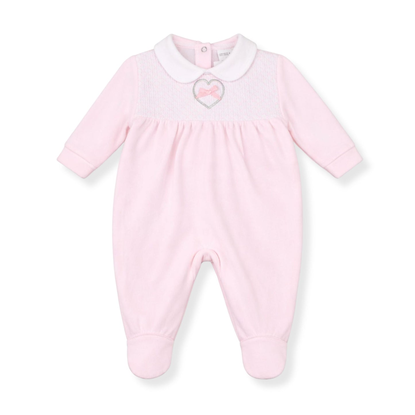 Pink baby onesie with a heart design on a white background