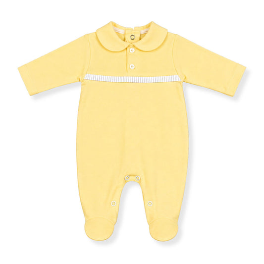 Yellow baby onesie with a collar on a white background