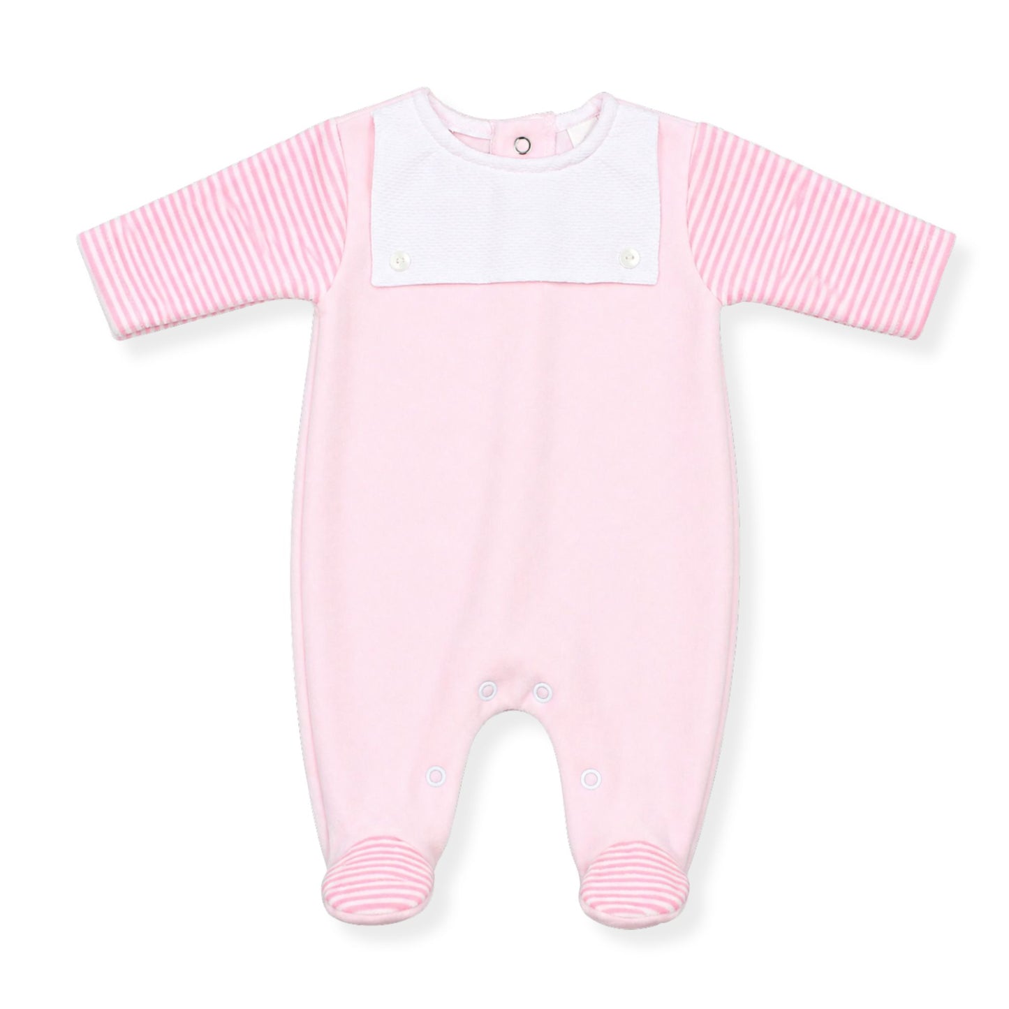 Pink baby sleepsuit with white accents on a white background