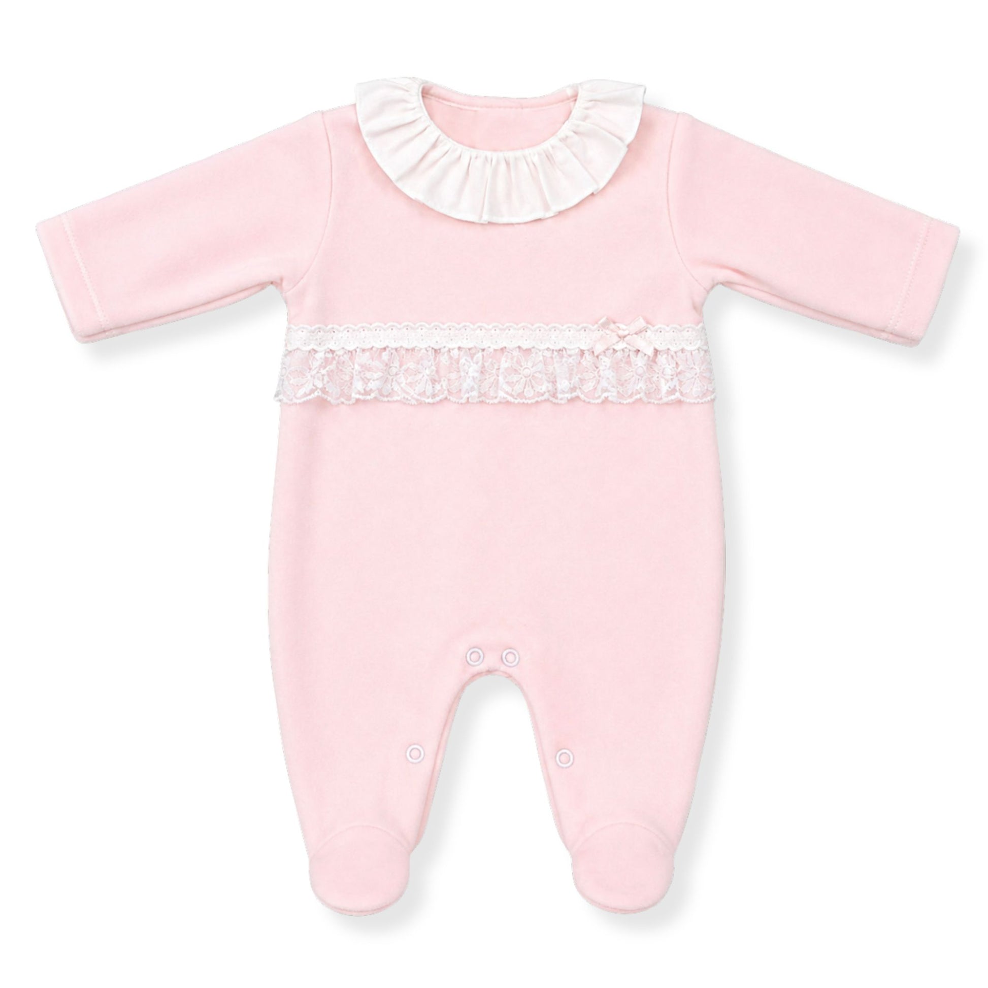 baby girls pink velour sleep suit lace white collar