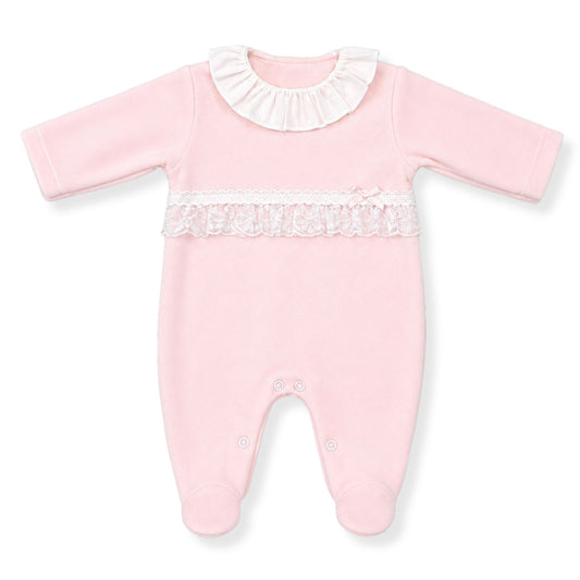 baby girls pink velour sleep suit lace white collar