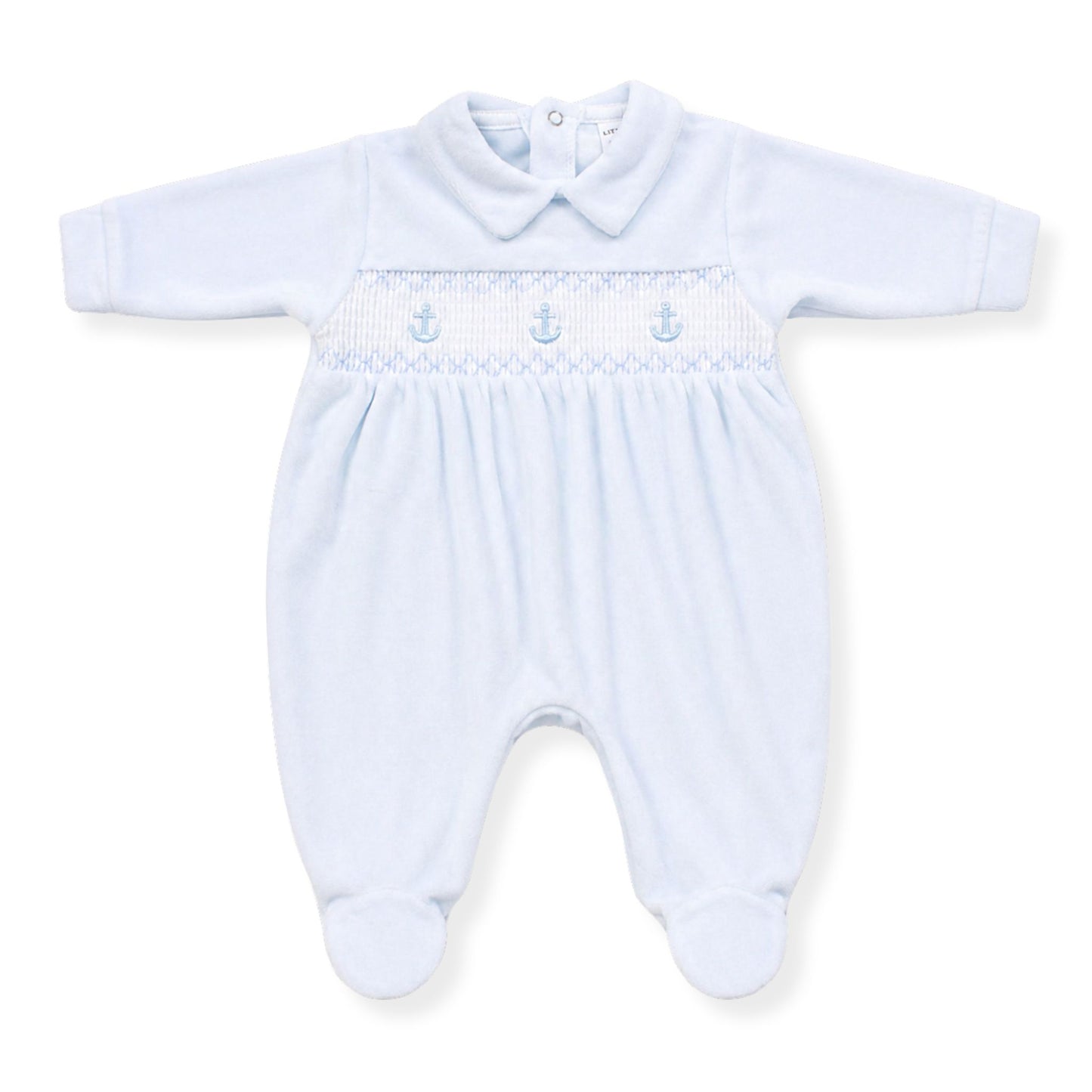 Light blue baby sleepsuit with smocked design on a white background