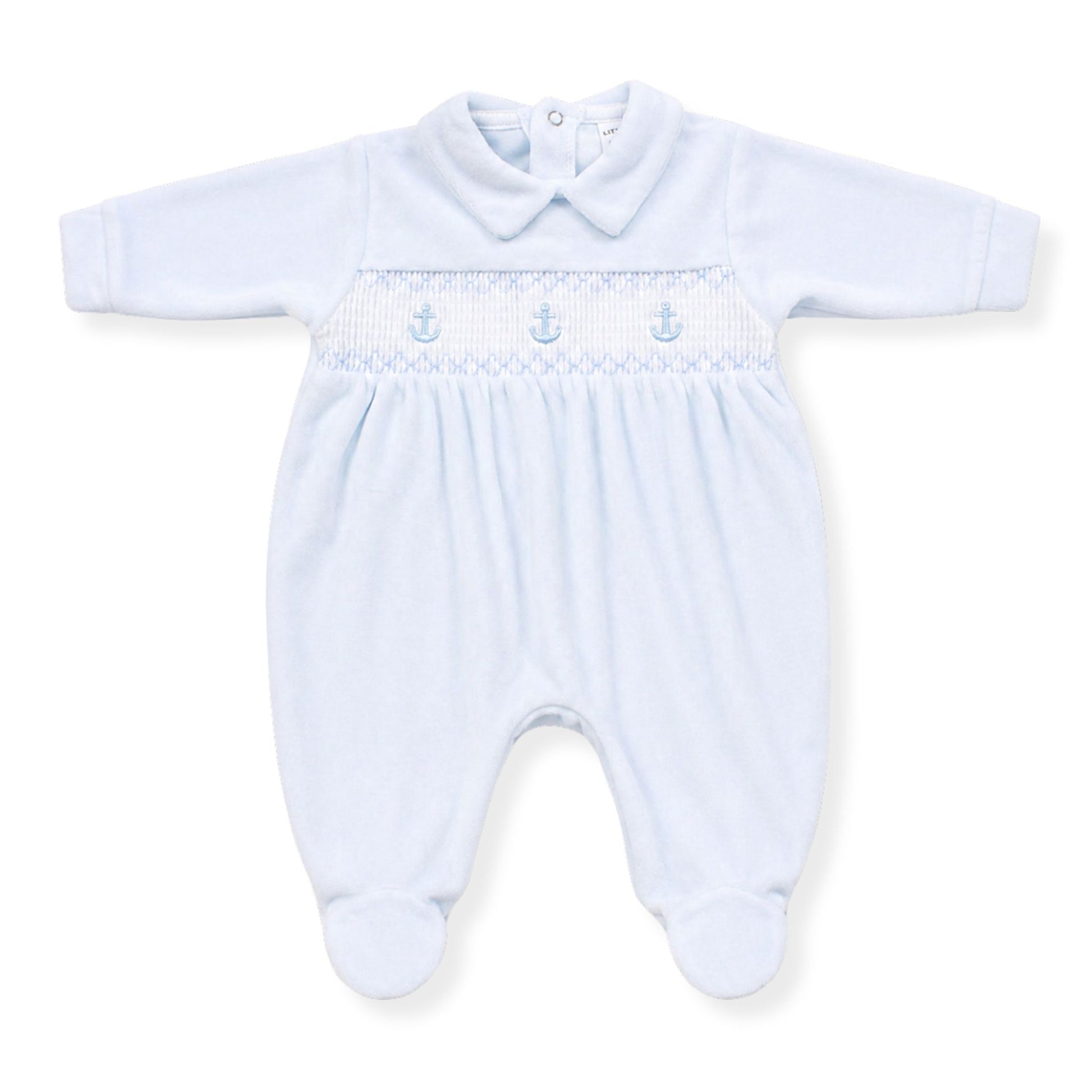 Light blue baby sleepsuit with smocked design on a white background