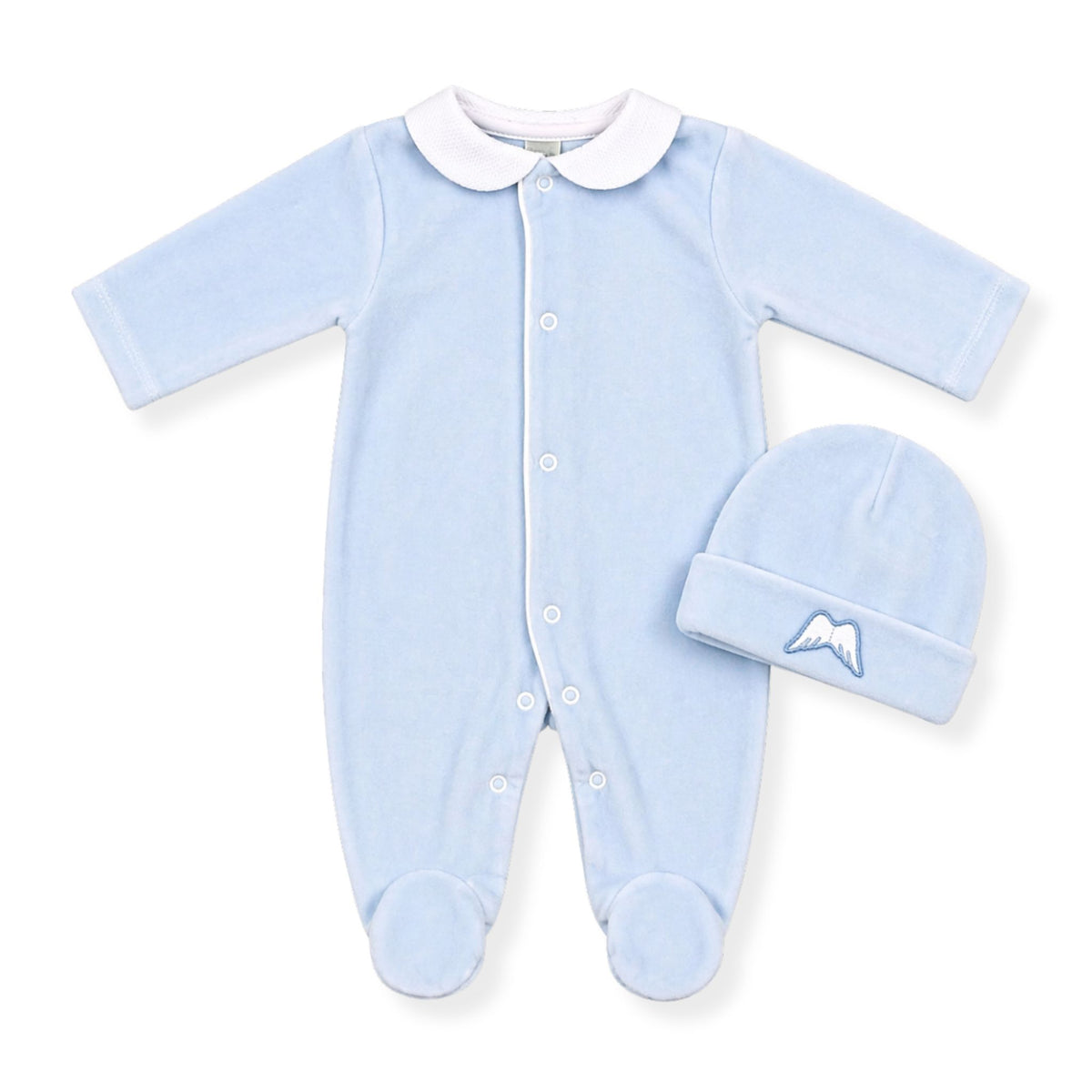 Light blue baby sleepsuit with white collar and matching hat on a white background