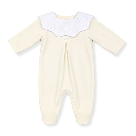 Lemon colored baby onesie with a white collar on a white background