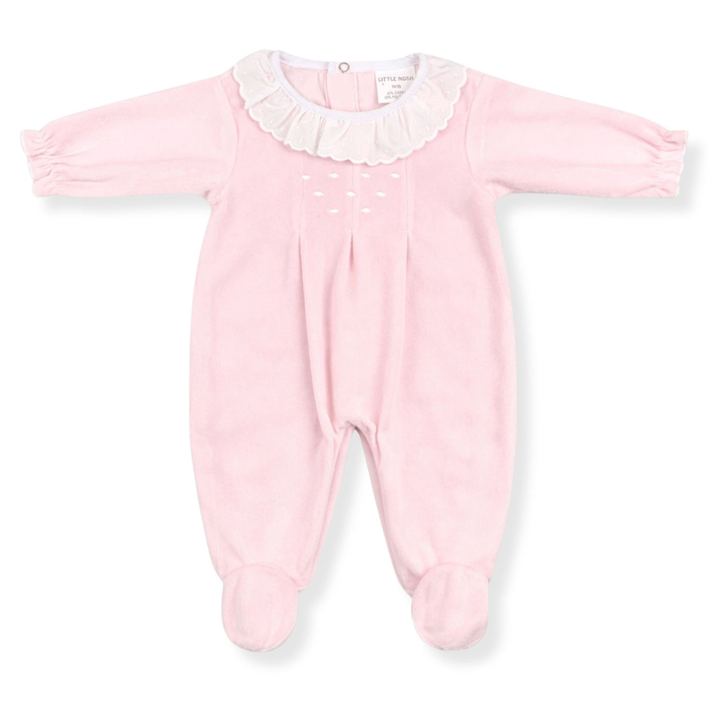 Pink baby girl babygrow with a white collar on a white background