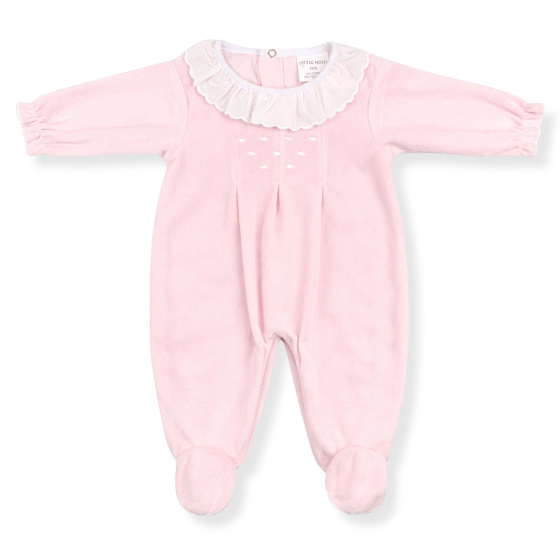 Pink baby girl babygrow with a white collar on a white background