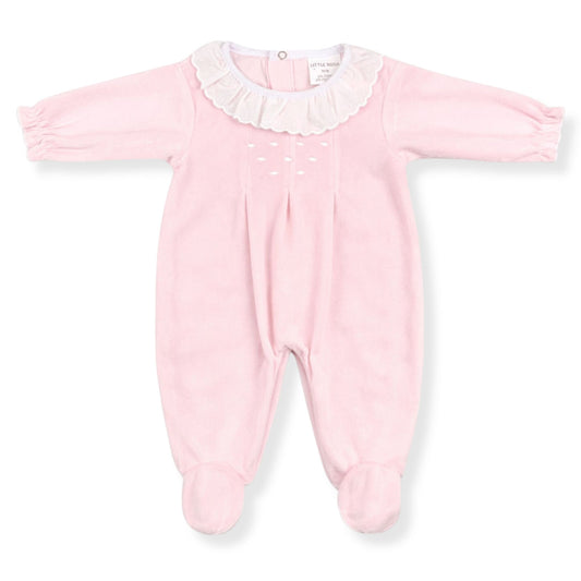 Pink baby girl babygrow with a white collar on a white background
