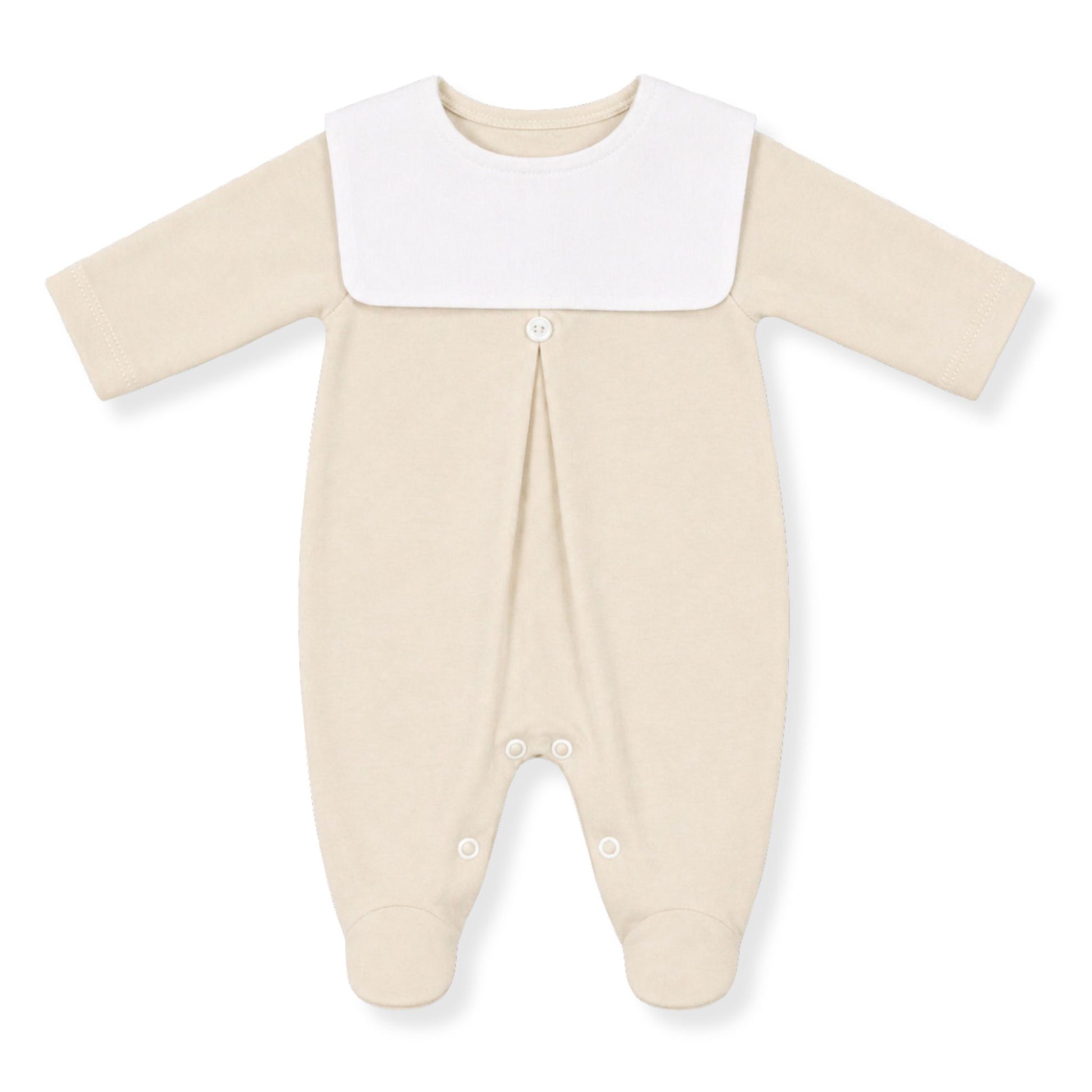 Beige baby sleepsuit / babygrow with a white collar on a white background