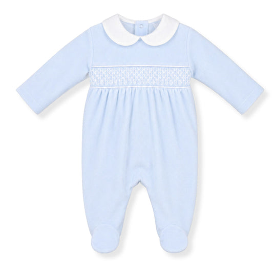 PEX Baby Boys Blue Velour Sleepsuit with Smocking and Peter Pan Collar