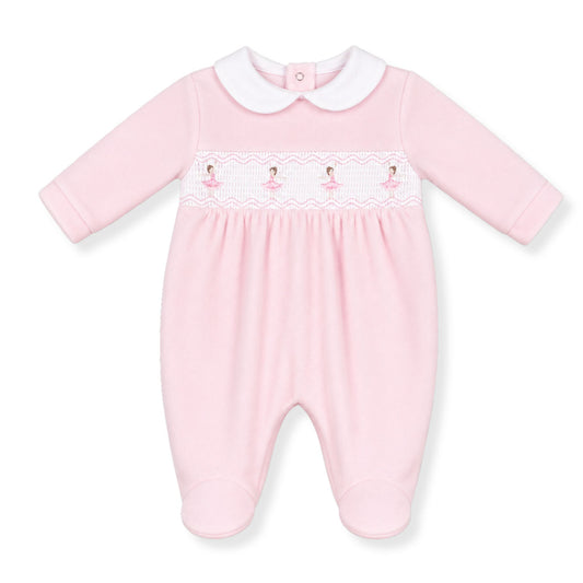 Baby Girls Pink Velour Sleepsuit with Ballerina Smocking