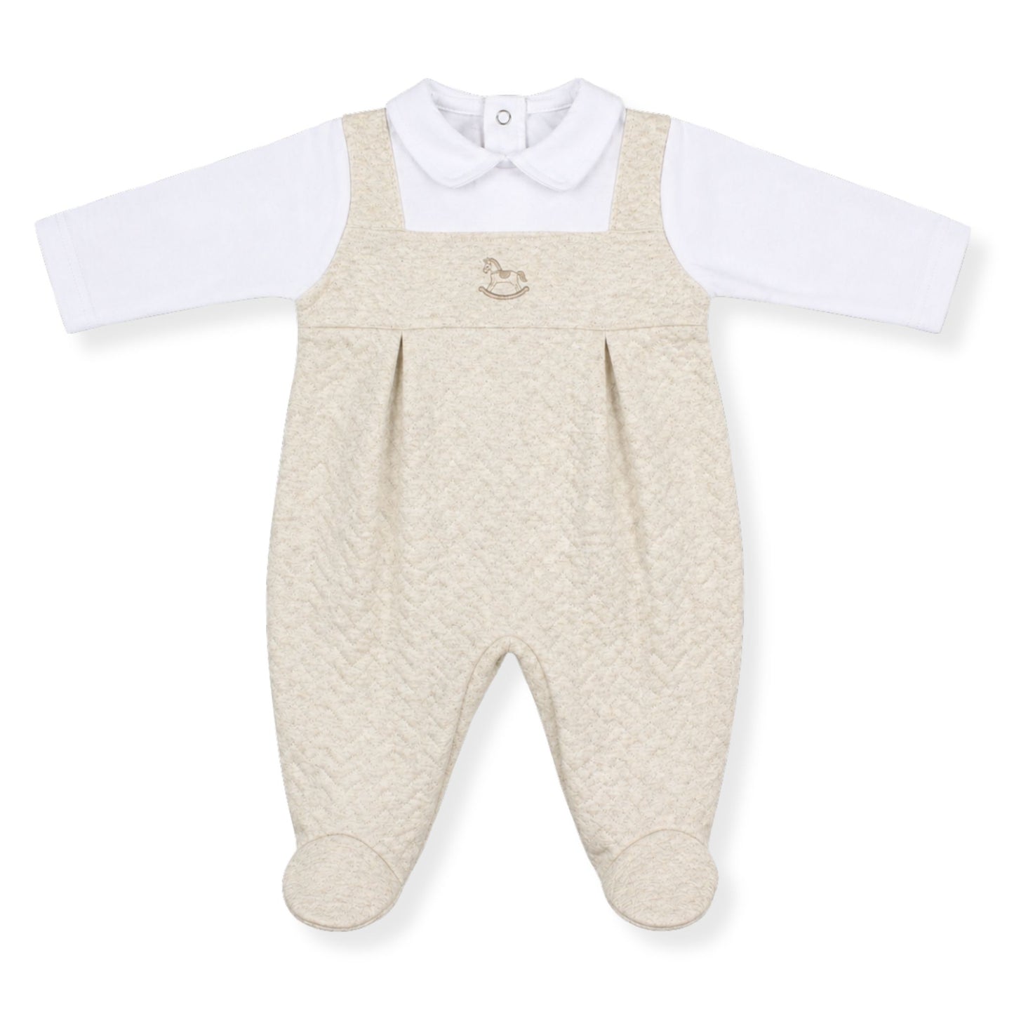 Baby outfit with beige overalls and white shirt on a white background