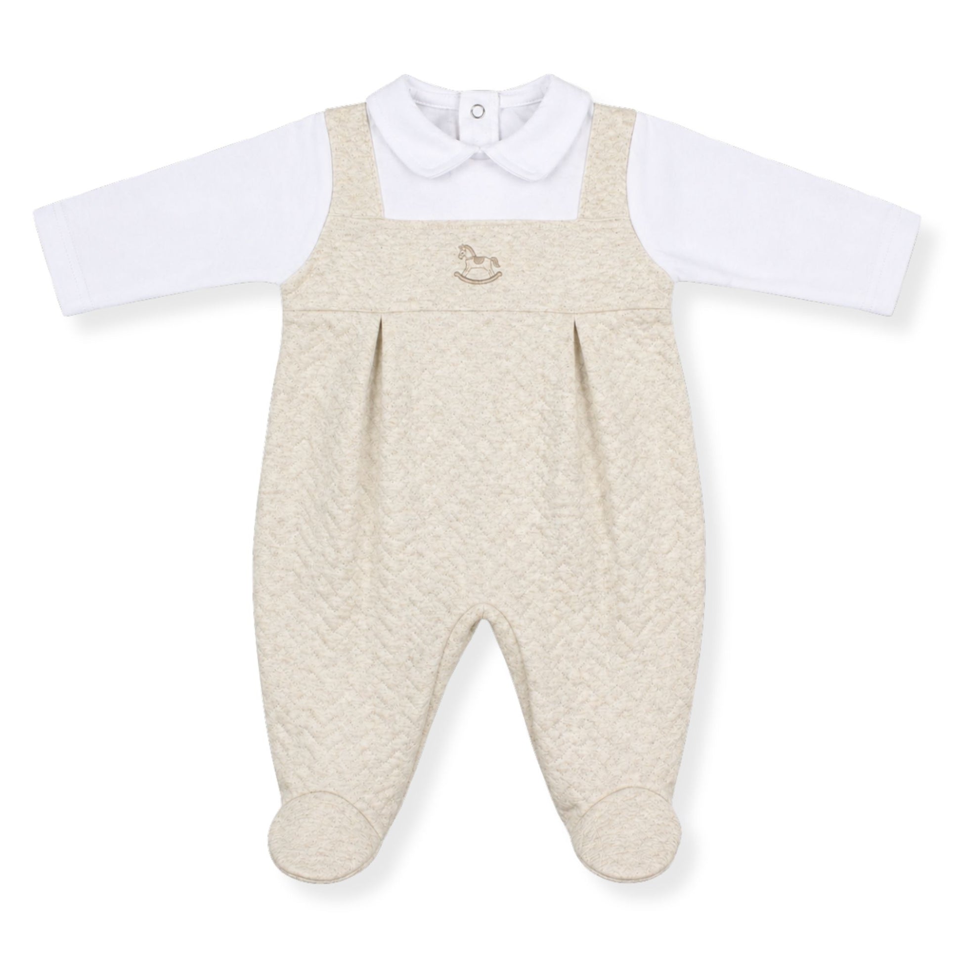 Baby outfit with beige overalls and white shirt on a white background