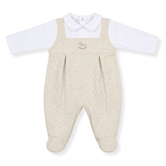 Baby outfit with beige overalls and white shirt on a white background