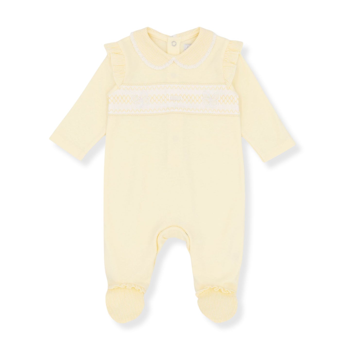 Yellow baby sleepsuit with white stripes on a white background