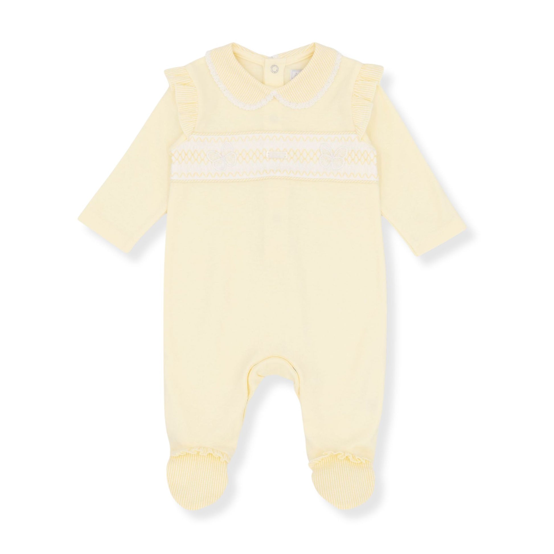 Yellow baby sleepsuit with white stripes on a white background