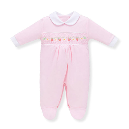 Pink baby girl babygrow with white collar and embroidered details on a white background