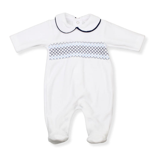 baby boys white and blue smocking velour outfit
