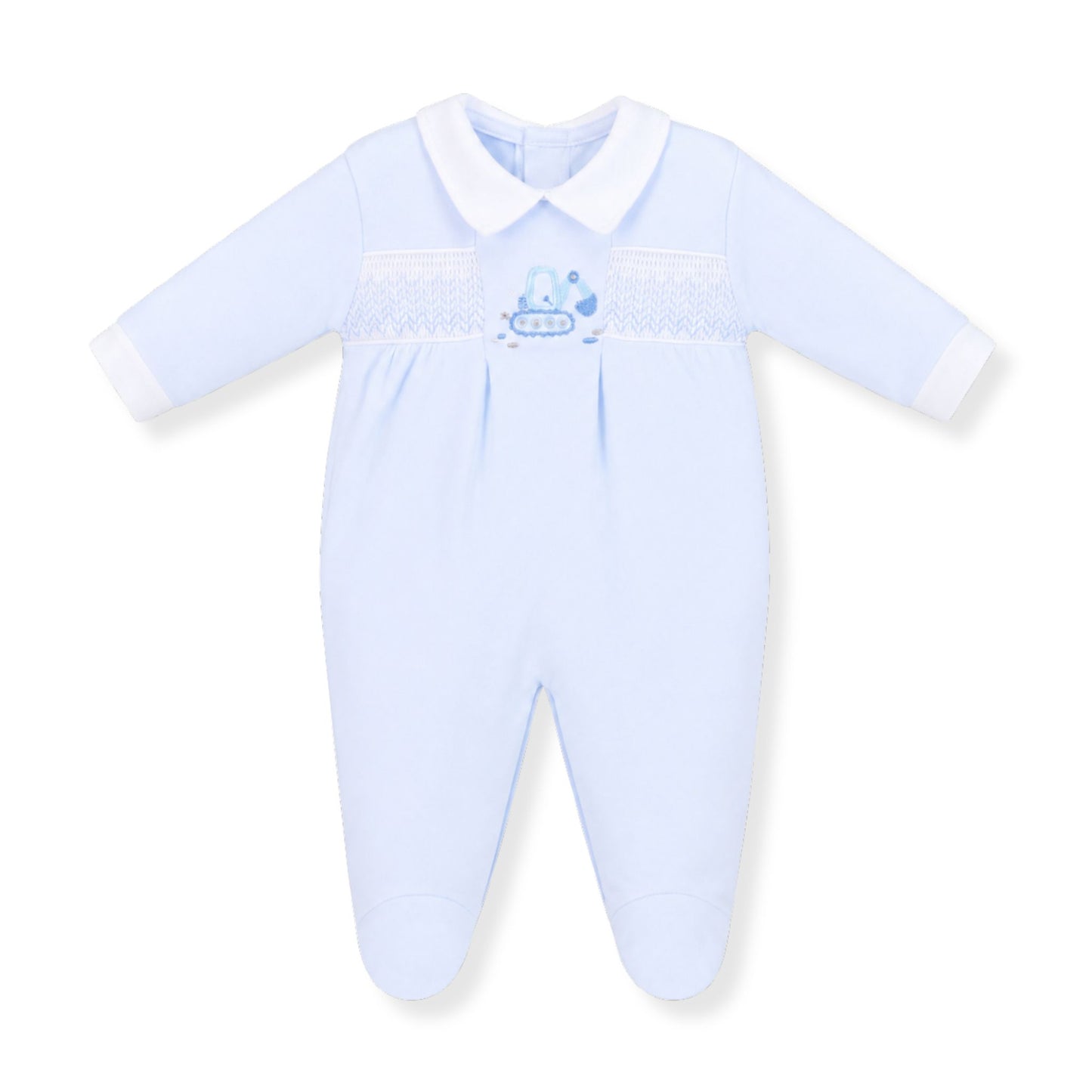 dandelion blue baby boy babygrow sleepsuit with smocking and embroidery