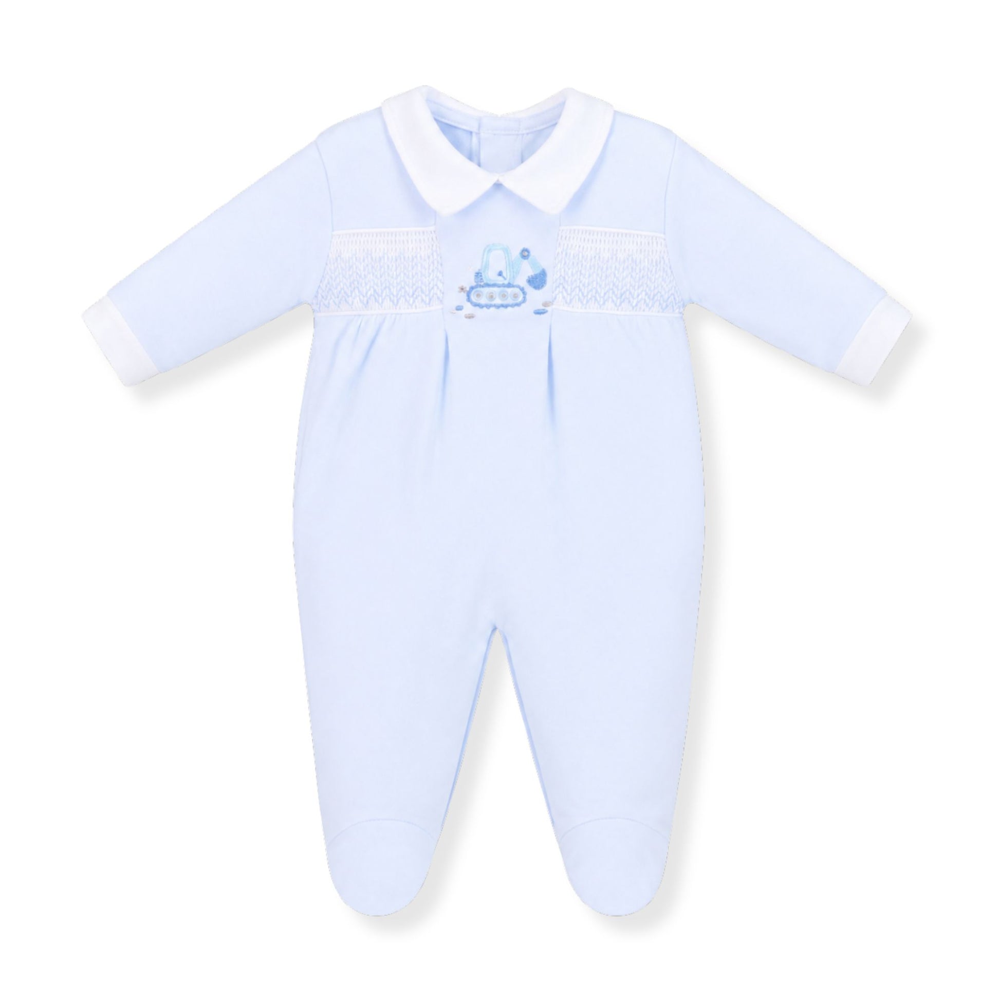 dandelion blue baby boy babygrow sleepsuit with smocking and embroidery