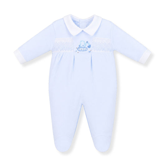 dandelion blue baby boy babygrow sleepsuit with smocking and embroidery