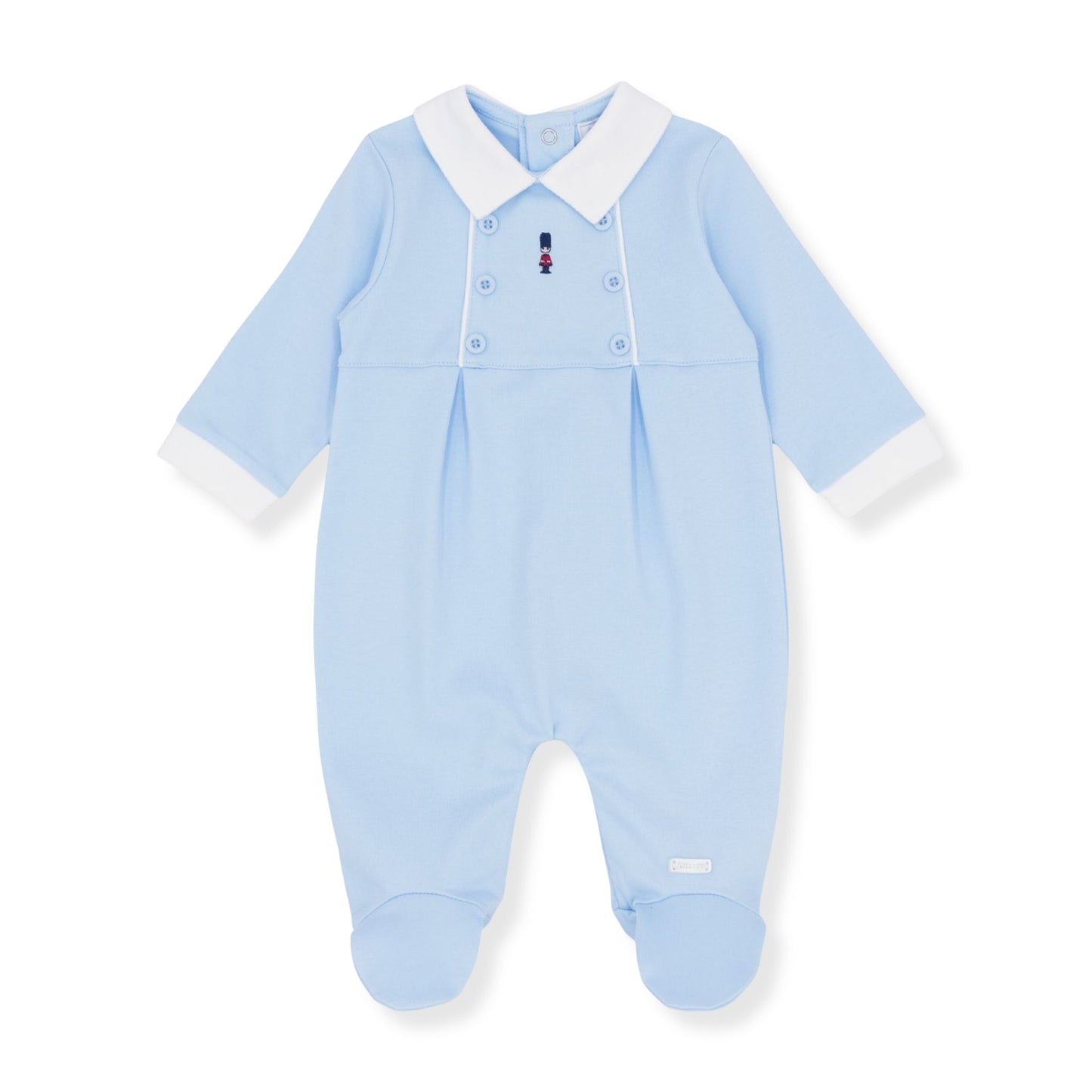 Light blue baby onesie with white collar on a white background