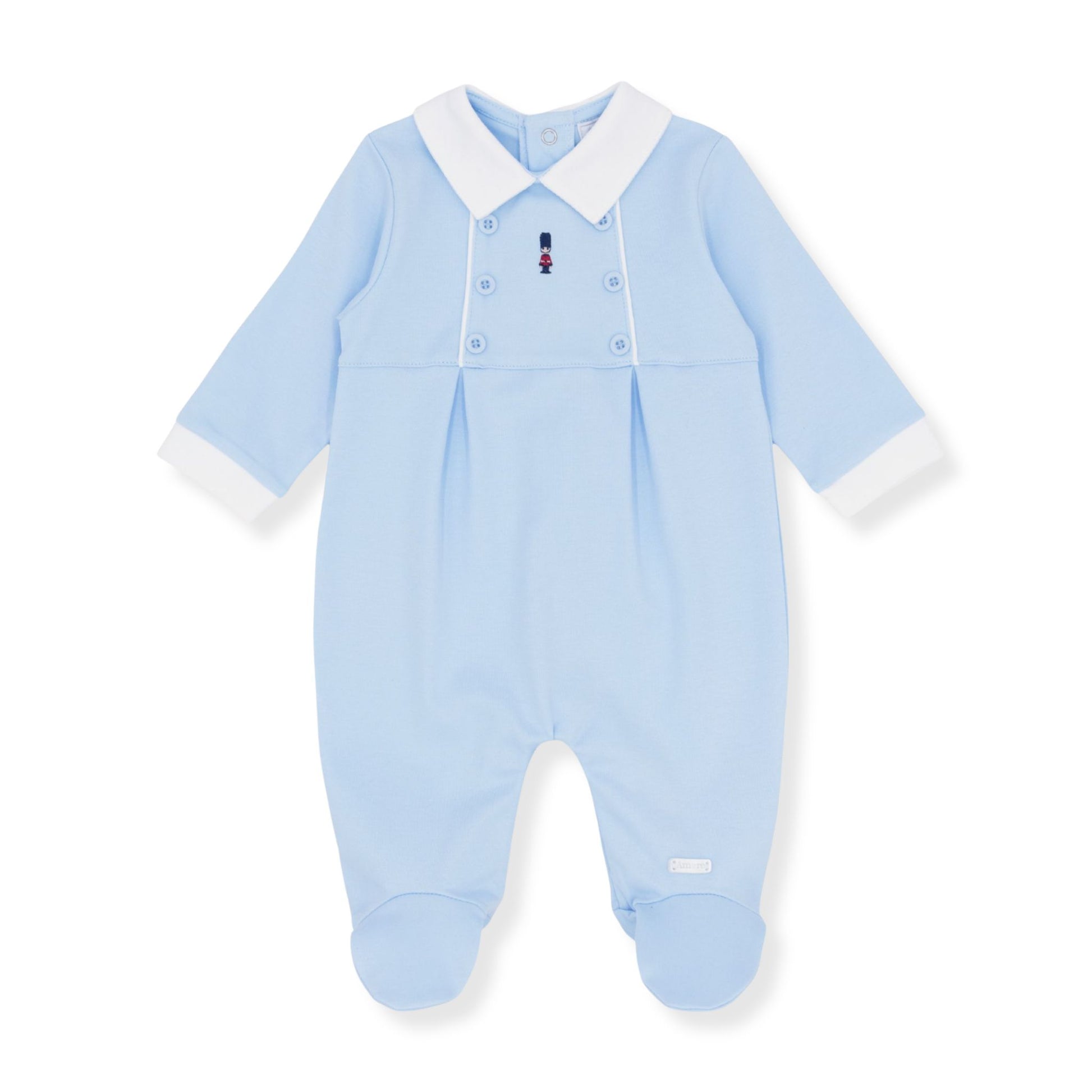 Light blue baby onesie with white collar on a white background