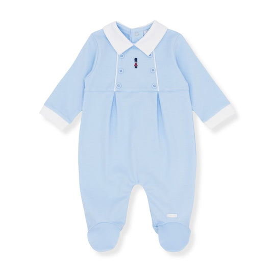 Light blue baby onesie with white collar on a white background
