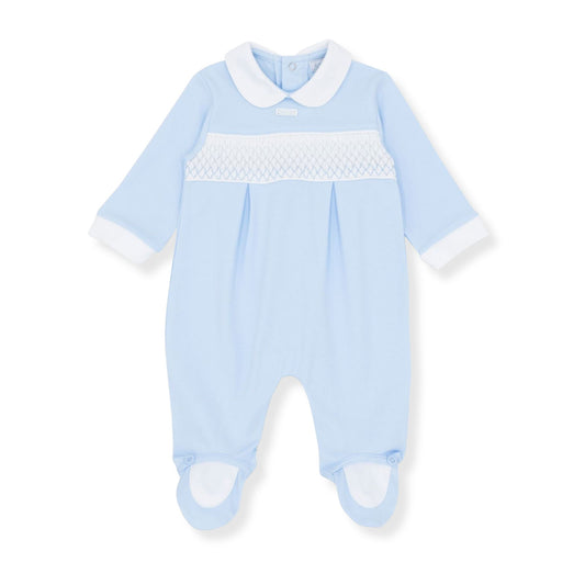 Light blue baby onesie with white collar and trim on a white background