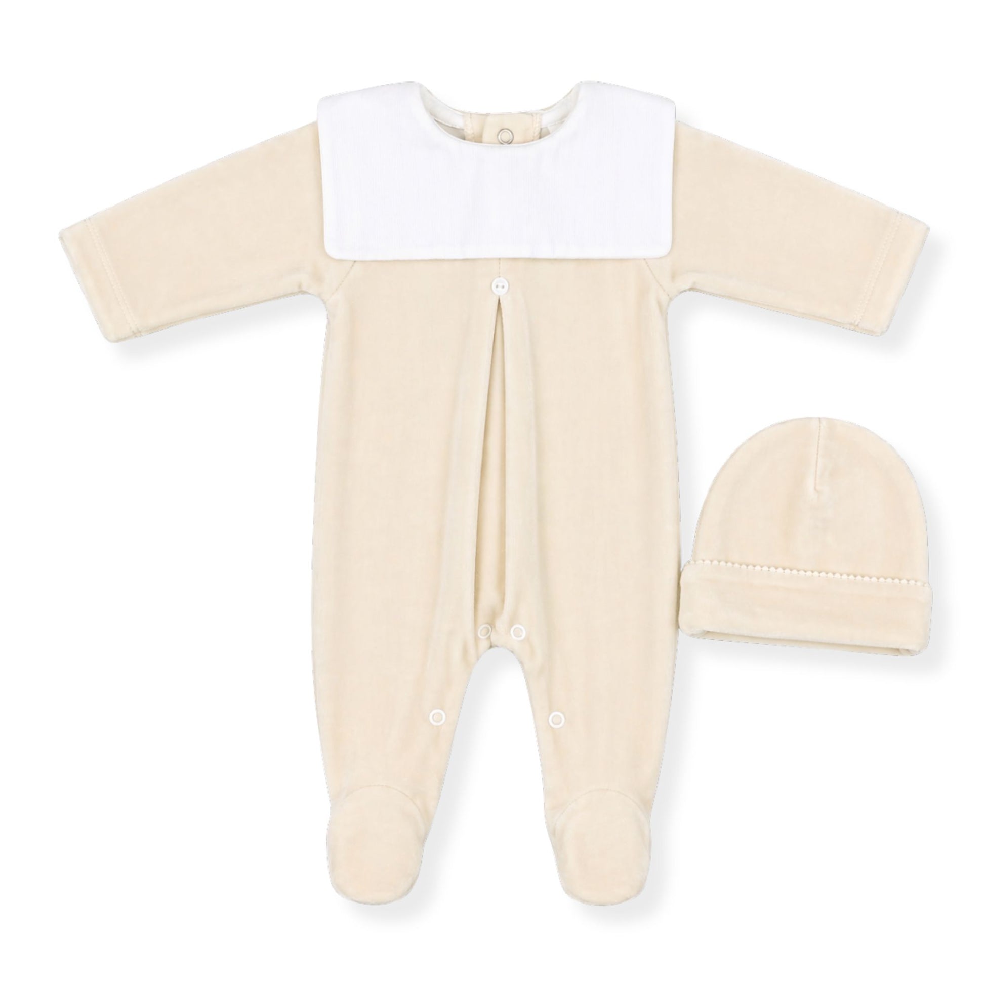 Beige baby sleepsuit with white collar and matching hat on a white background