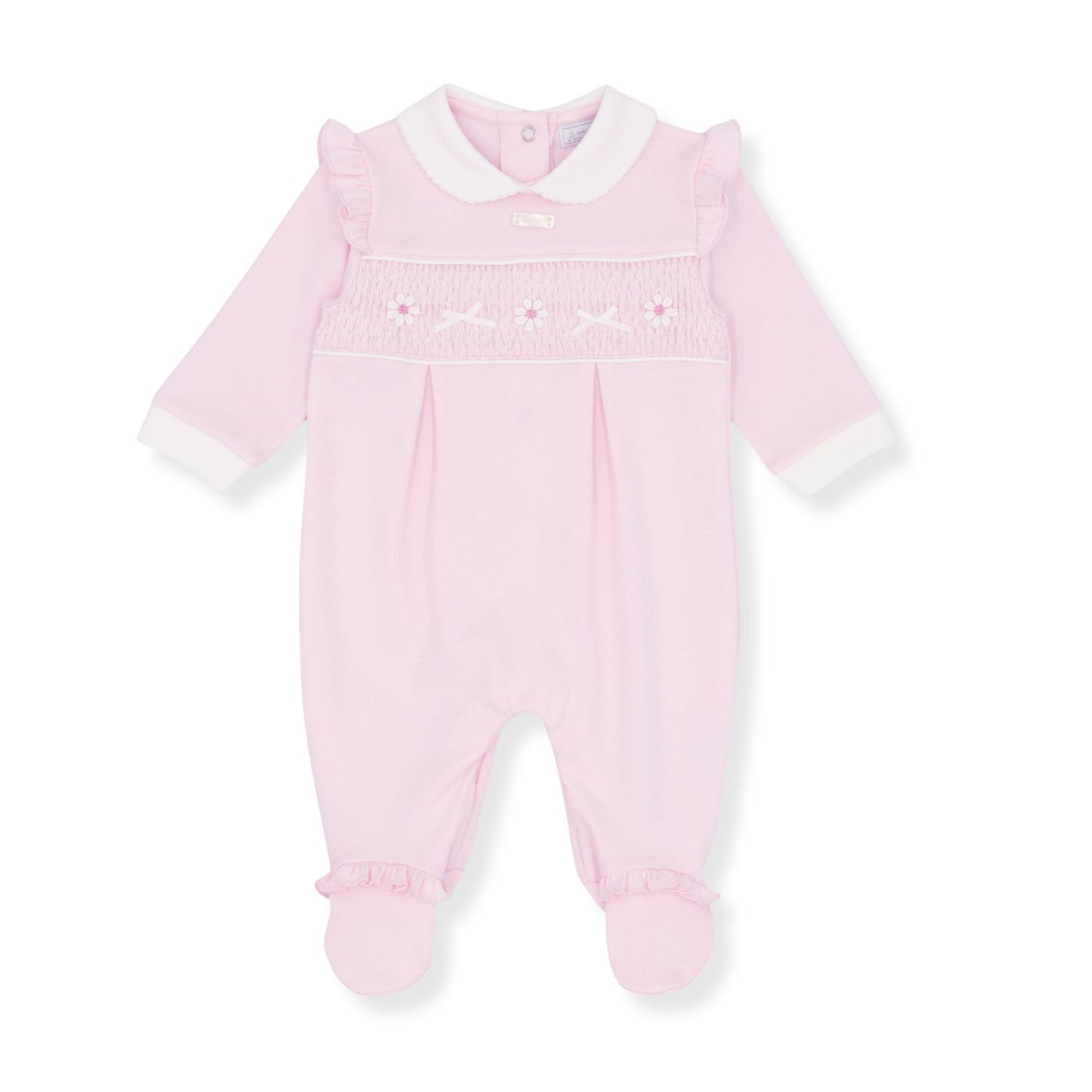 Pink baby girl babygrow sleepsuitwith white trim on a white background