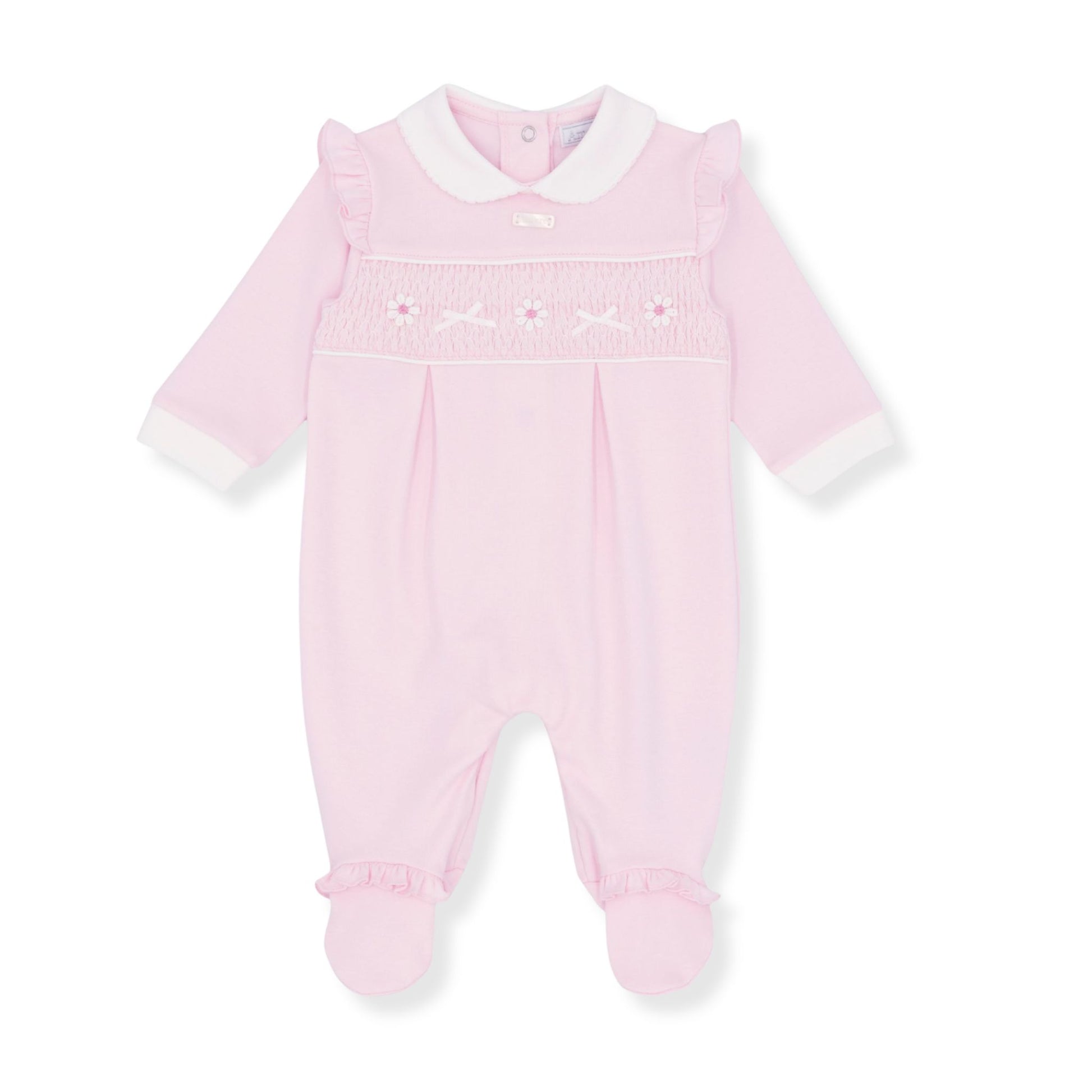Pink baby girl babygrow sleepsuitwith white trim on a white background