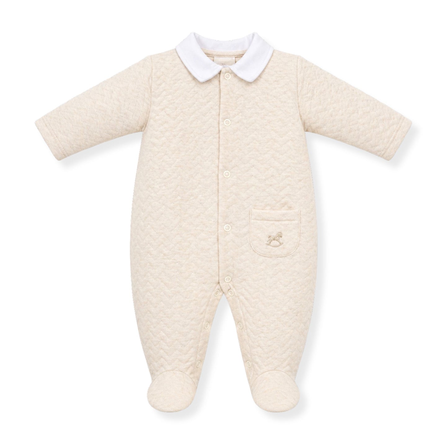 Quilted baby onesie with a collar on a white background