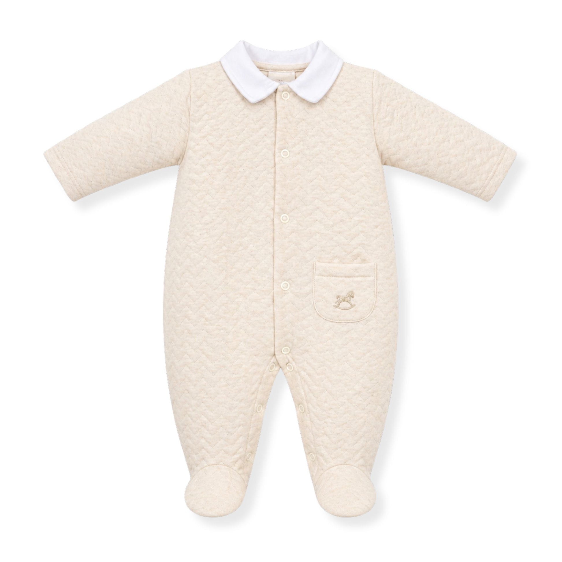 Quilted baby onesie with a collar on a white background