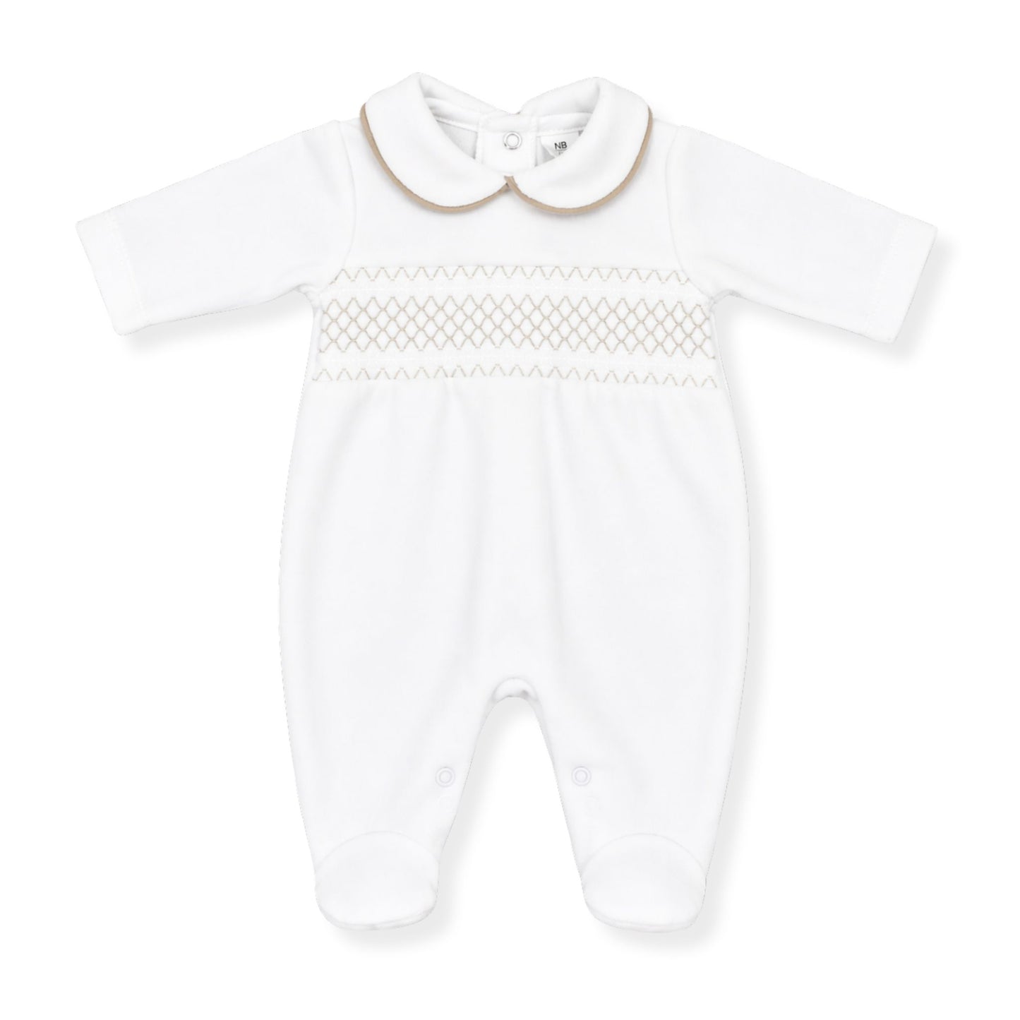 White baby sleepsuit with embroidered details on a white background