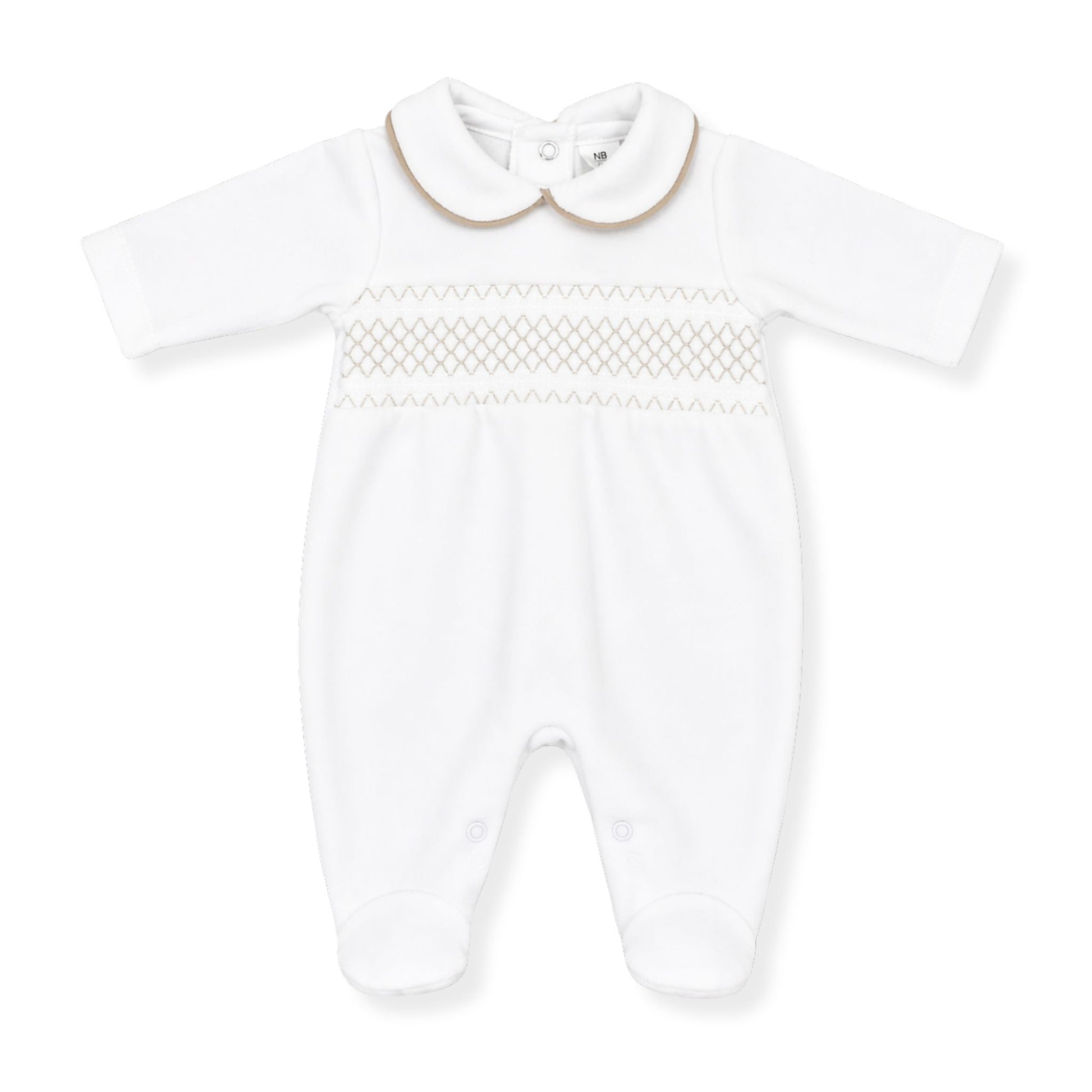 White baby sleepsuit with embroidered details on a white background