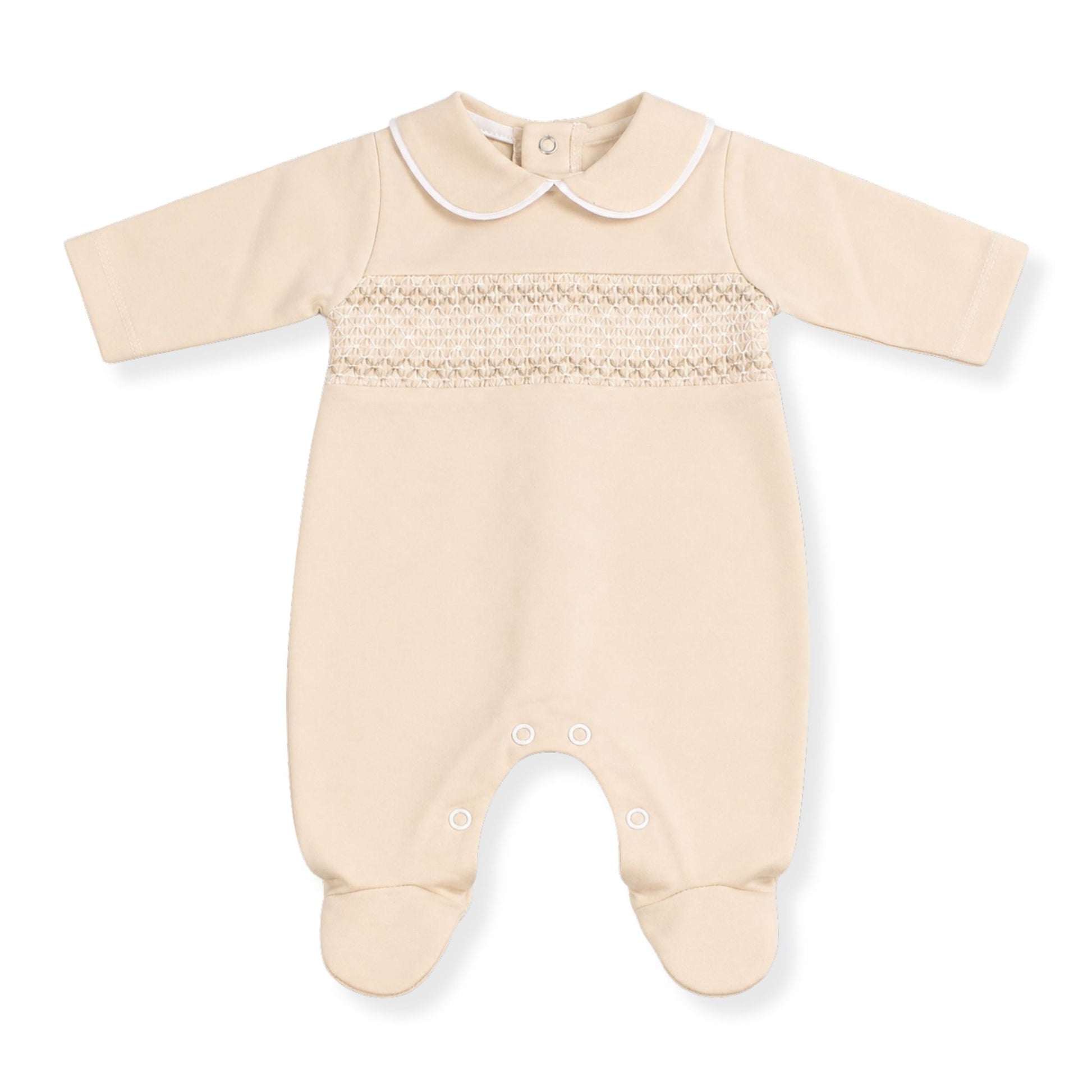 beige velour smocked babygrow