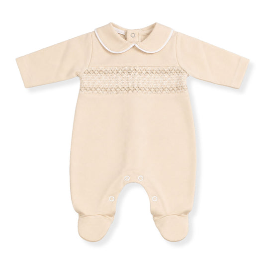 beige velour smocked babygrow