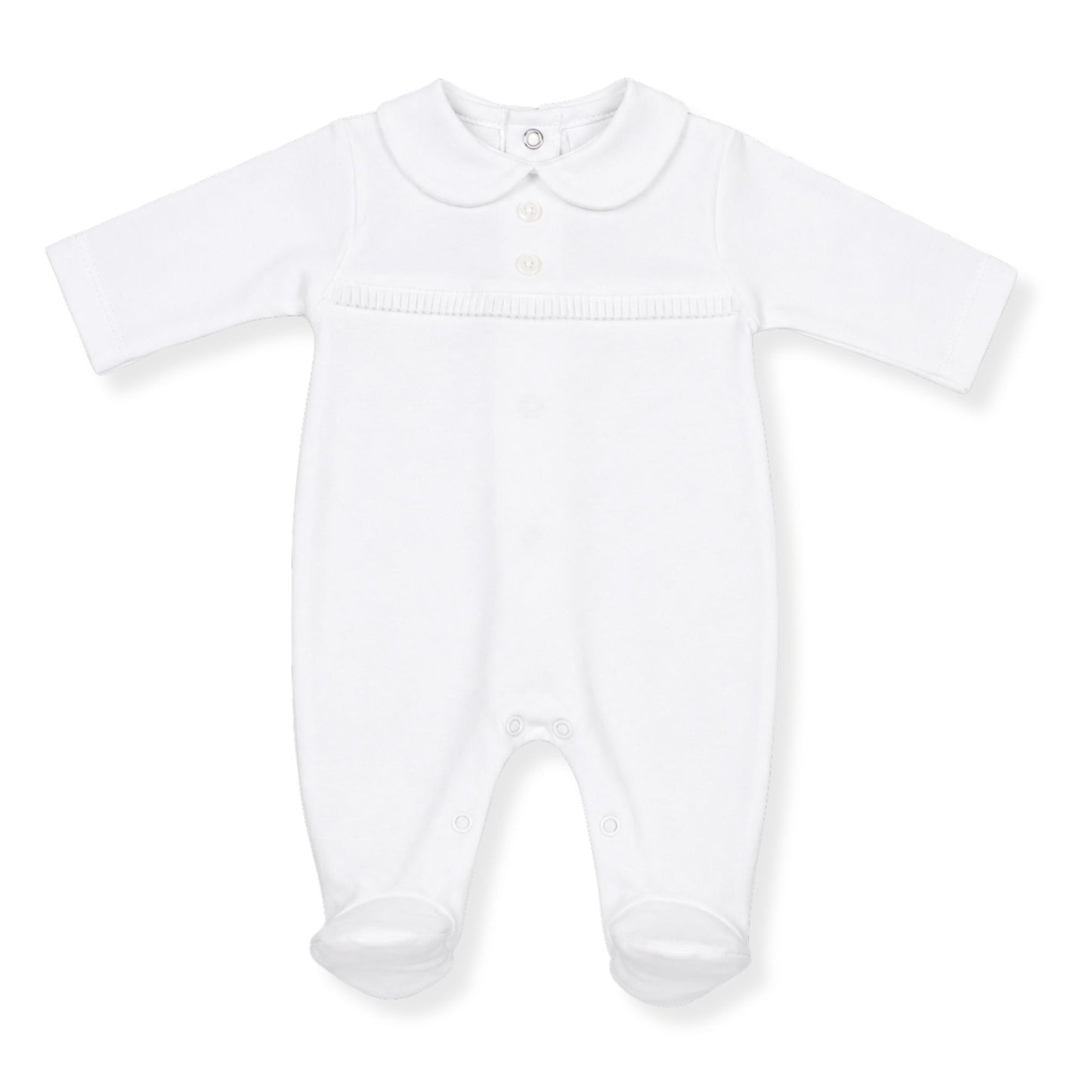 White baby onesie with a collar on a white background