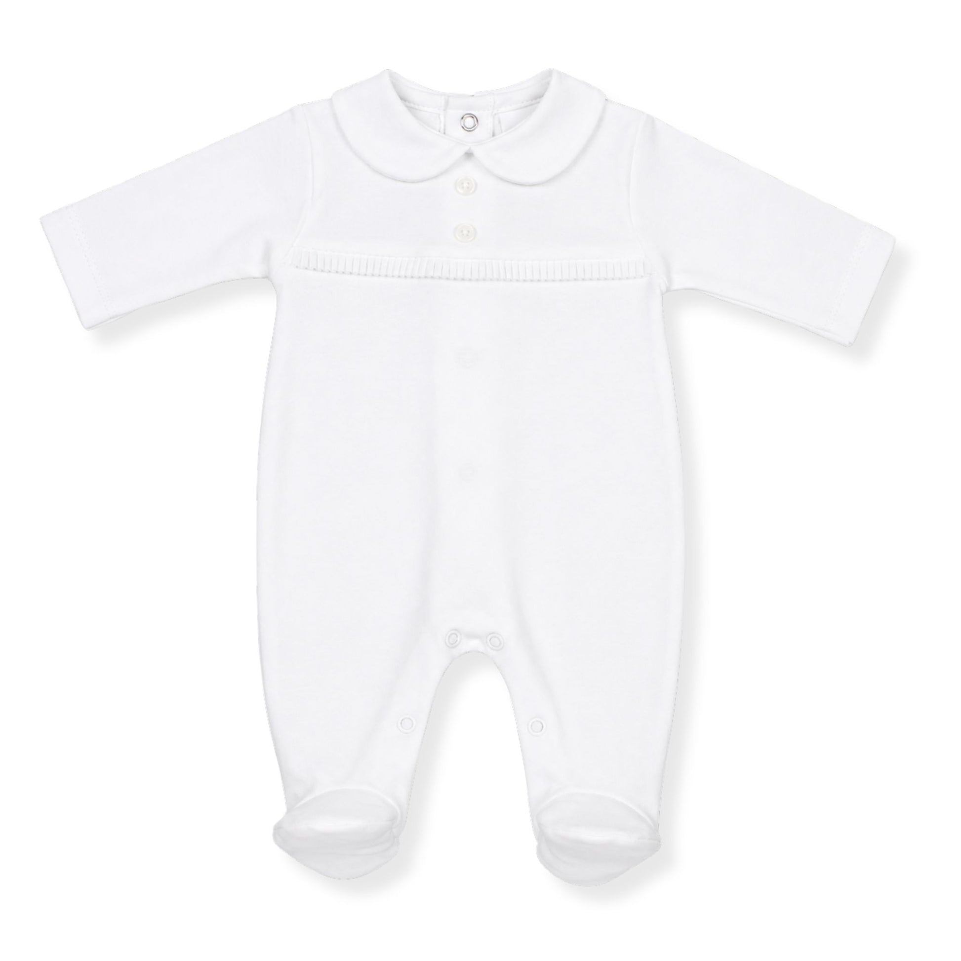 White baby onesie with a collar on a white background