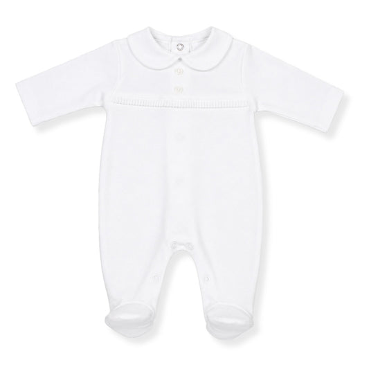 White baby onesie with a collar on a white background
