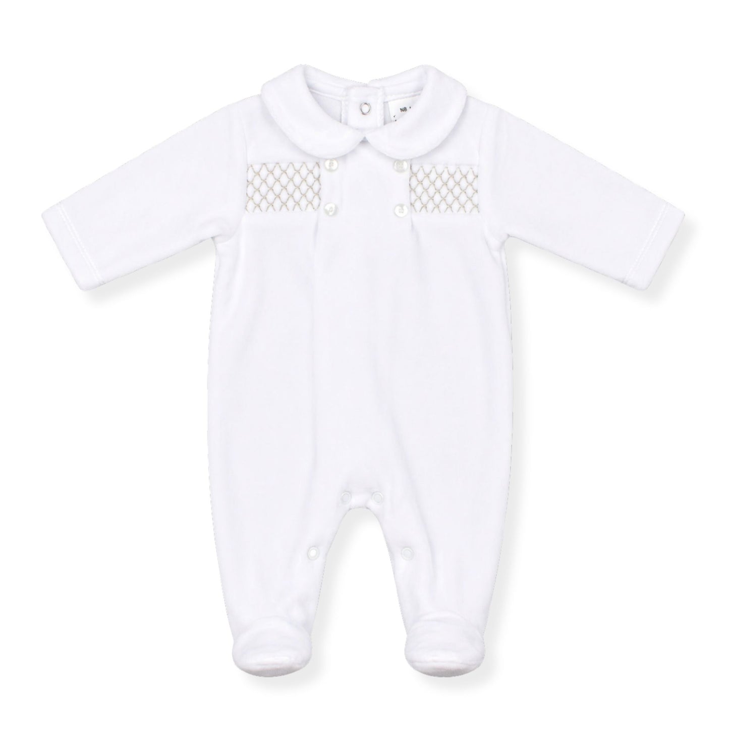 Baby Boys Velour  Sleepsuit with Smocking - White / Beige