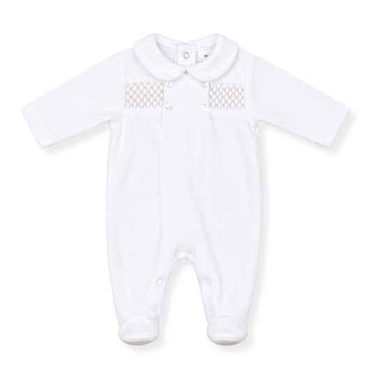 Baby Boys Velour  Sleepsuit with Smocking - White / Beige