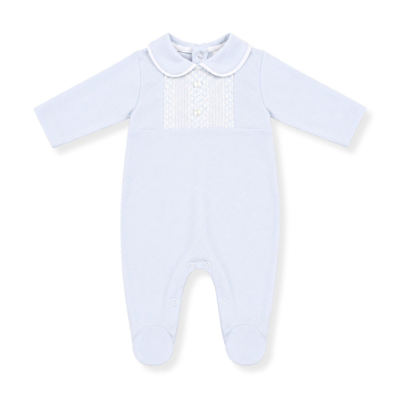 Baby Blue Smocked Babygrow with Collar – Traditional Newborn Sleepsuit
